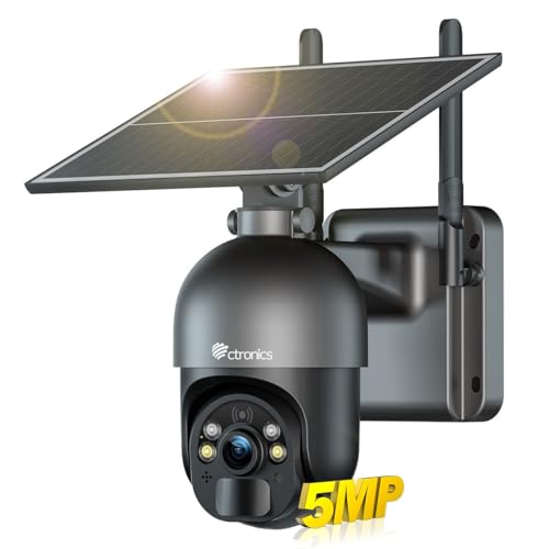 Ctronics 5MP Cámara Vigilancia Exterior con Panel Solar de 6W, Alarma de Sonido y Luz, Auto Tracking, PC/App, Visión Nocturna en Color 30 m, Detección PIR + IA, FTP/128 TF/Cloud