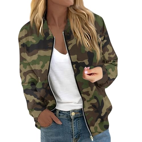 Generisch Damen Jacke Winter Camouflage Bomberjacke Damen Camo mit Reissverschluss Herbstjacke Damen Elegant Pilotenjacke mit Tarnmuster Winterjacke Frauen mit Taschen Übergangsjacke Herbstwinter