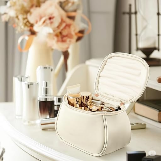 Image of Large Toiletry Bag, Waterproof Travel Cosmetic Organizer with Handle, Wide Open Makeup Pouch(Beige)