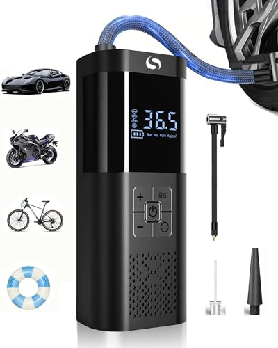SERVOMASTER Compresor Aire Portatil, Inflador Ruedas Coche 150PSI, Inflador Electrico con Función de Parada Automática, Pantalla Digital y Luz LED, para Coches, Motos, Bicicletas y Pelotas