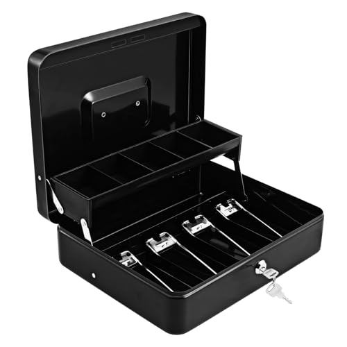 DIKACA Caja Metálica para Dinero con Cerradura y Bandeja Organizadora Caja Registradora Portátil y Resistente de Hierro para y Almacenamiento Seguro Incluye Llaves para Negocios y