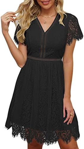 MEROKEETY Women's V Neck Floral Lace Wedding Dress Short Sleeve Cocktail Party Dress, Black, XXL