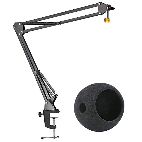 Mic Stand with Foam Windscreen For Blue Snowball, Suspension Boom Scissor Arm Stand with Pop Filter Cover for Microphones iCE USB Mic by SUNMON