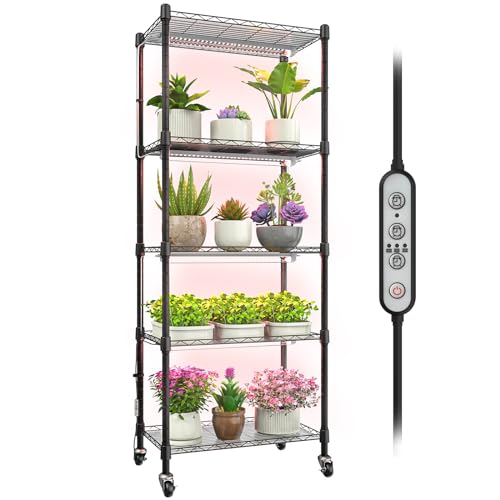 sagrynfp Plant shelf with grow light, 5-Tier metal Plant Stand with 4-Pack 72W Full Spectrum Grow Lights, Auto Timer?Ladder Flower Pot Stand indoor 23.2