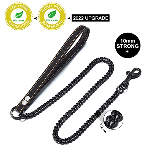 Nikpet Chain Dog Leash Black Color Metal Chew Proof 10Mm Heavy Duty Pet Leash Chain With Leather Padded Handle For Small Medium Large Dogs (Black, Total 4.5 Feets) #TOP2