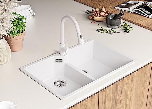 Fregadero granito blanco premium Madrid Twin Primagran de dos cubetas profundas 3