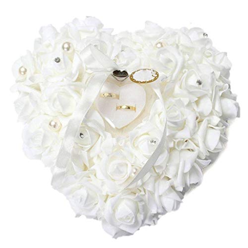 Amoyeric Coussin Porte-alliances en Forme de cœur, orné de Roses et d'un Ruban - Porte-Bijoux de Style Romantique pour Mariage, Plastique, Blanc, Taille...