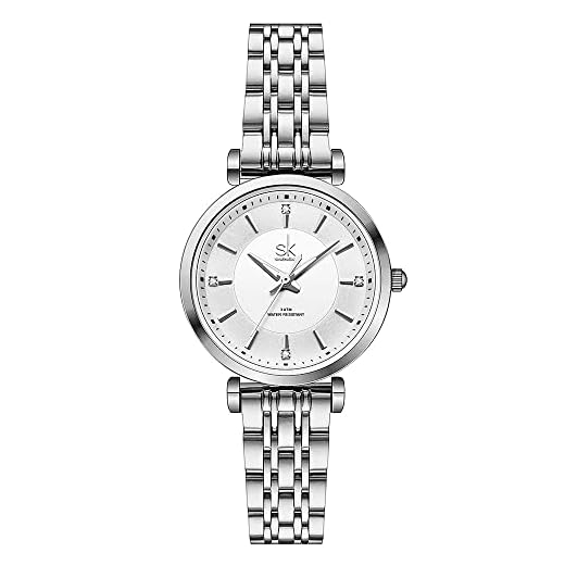 SHENGKE SK Relojes clásicos para Mujer, Reloj de Vestir a la Moda para Mujer, Correa de Acero Inoxidable sólido, Correa de Cuero Genuino (Silver)