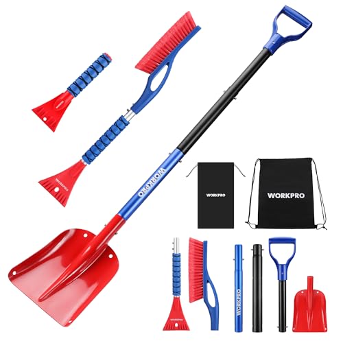 WORKPRO 3-Piece Snow Removal Kit, 47" Detachable Snow Shovel, 27" 2-in-1 Ice Scraper & Snow Brush Tool, Separate Snow Scraper for Car, Truck, Driveway, and Winter Conditions, Storage Bag...