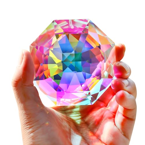 HDCRYSTALGIFTS 80mm Regenbogenprisma Sonnenfänger für das Fenster AB farbige große Kristalloktagonperlen Sonnenfänger Prismen für den Innen- und Außenbereich
