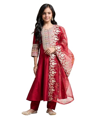 Image of Amazon Brand - Symbol Girl's Rayon Ethnic Wear Embroidered Kurta Set with Net Dupatta