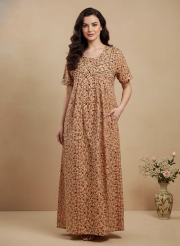 Image of Bahumaan Cotton Nighty for Women Full Length Stylish | Floral Print Cotton Maxi Dress for Women with Pocket | Sleepwear Gown for Women
