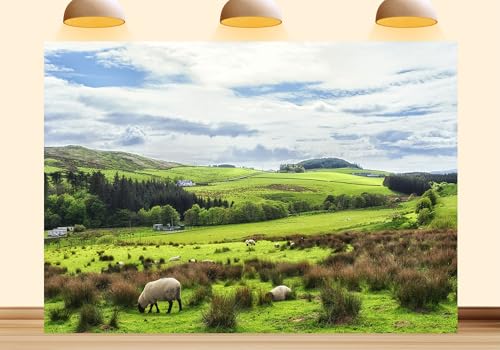 7X5ft Fabric Irish Countryside Photography Backdrop, Rural Landscape with Rolling Hills, Grazing Sheep, Green Meadows, Nature Scene Background, for Studio, Party, Professional Photos