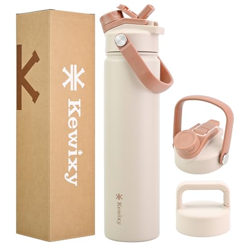 KEWIXY 24 oz Insulated Water Bottle, 2-in-1 Lid, Straw & Spout with Protected, Leak Proof, Keep Cold, Stainless Steel, Metal, Reusable, Handle, for Travel, Gym and School, 2 Lids, Mousse