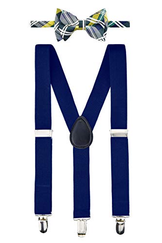 Retreez Boy's Suspender Bow Tie Set With Elegant Classic Plaid Check Woven Microfiber Pre-Tied Boy's Bow Tie - Dark Green, Yellow And Navy Blue Bow Tie With Navy Blue Suspender - 24 Months - 4 Years #TOP29