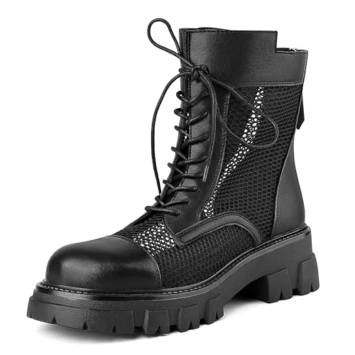ErikenUrben Women Mesh Combat Boots Platform Lace up Motorcycle Boots Zip