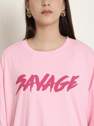 Image of Fabflee Oversized Cotton Baggy Drop Shoulder Graphic Tee with Half Sleeves | Korean Casual Loose T-Shirt for Women