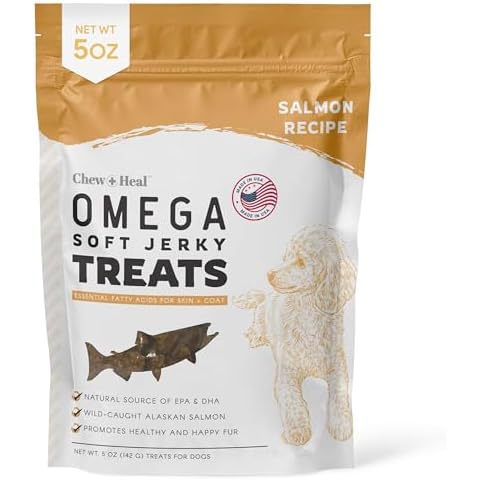 Chew + Heal Labs Omega Salmon Jerky Dog Treats - 5 oz of Soft Salmon Jerky for Skin and Coat - Made with Wild Alaskan Salmon, Flaxseed, Oat Flour, and More - Made in The USA Cover