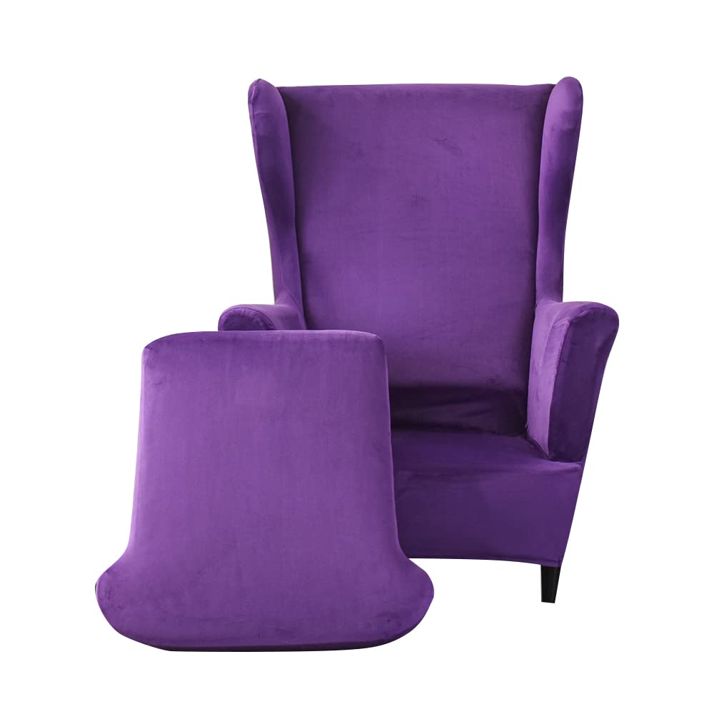 Ohrensessel Schonbezug aus Samt Stretch 2 Teilig Ohrensessel Bezüge Waschbarer Sofabezug aus Spandex Möbelschutz für Sessel Stühle Wohnzimmer Schlafzimmer (lila)