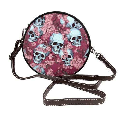 Sac bandoulière rond Skull Cherry Flower pour sorties urbaines et festivals