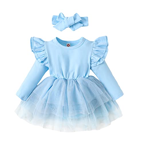 Image of Baby Girl Clothes Infant Ruffle Sleeve Romper Dress Newborn Solid Tutu Skirt Sets Jumpsuit Headband Outfit