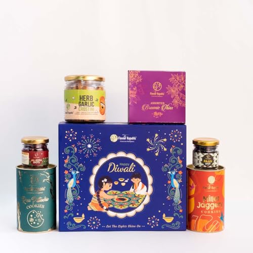 Image of The Flavour Republic Joyful Treat Box | Premium Diwali & Bhai Dooj Hamper with Herb Garlic Crostini, Brownie Thins, Paan & Jaljeera Shots, Millet Jaggery Cookies, Rose Pistachio Cookies & Seed Crackers | Perfect for Family, Friends & Corporate Gifting