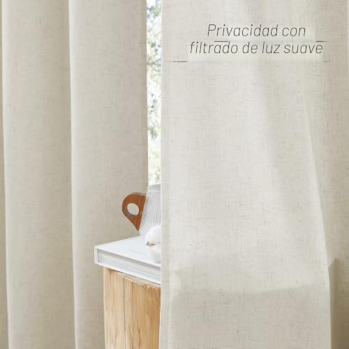 Cortinas cortas de lino boho texturizadas en color crema para riel clásico 7