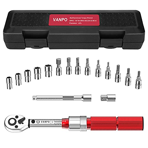 VANPO 1/4 Inch Drive Click Torque Wrench, Small Bike Torque Wrench(20~200 in-lbs/2.2~22.6 Nm), 17 Pieces Mini Bicycle Torque Wrench Set with Extension Bar, 3/8 Adapter, Sockets, Hex/Torx Bits
