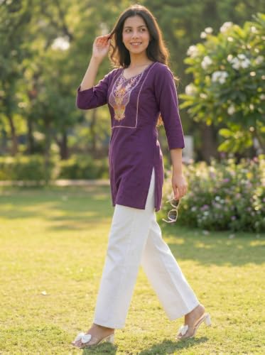 Image of Cotton Blend Embroidered Straight Kurta for Women | Cotton Blend | 3 /4 Sleeve | Round Neck V-Slit | Ethnic Wear Casual Wear