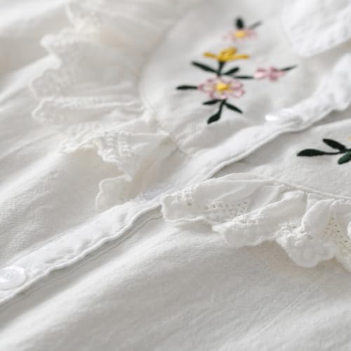 Girls White Cotton Blouse with Floral Embroidery, Lace Ruffle Collar, Long Sleeve Button Down Shirt4