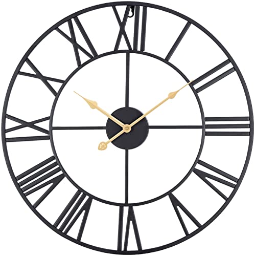 ACCSHINE Grande Orologio da Parete Rotondo 40CM Orologio Parete in Stile Vintage in Metallo Silenzioso Orologio da Parete Moderno con Numeri Romani Soggiorno Arredamento Camera da Letto(Nero e oro)