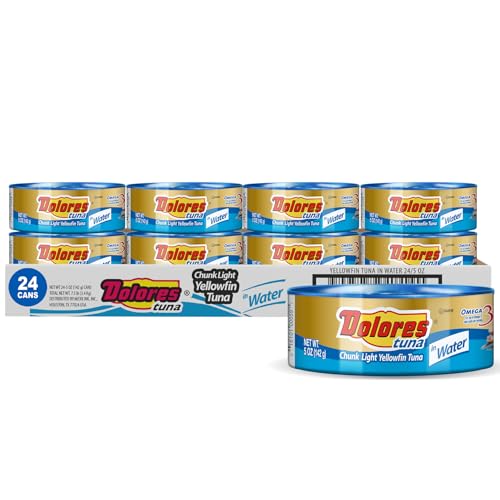 Dolores Tuna Chunk Light Yellowfin Tuna in Water, 5 oz Can (Pack of 24) – Mild Flavor, Flaky Texture, Ready-to-Eat Protein