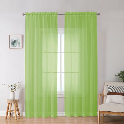 Image of OWENIE Lime Sheer Curtains for Bedroom Living Room 90 Inches Long, Elegant Solid Light Filtering Window Curtain Panles, Modern Rod Pocket Lime Curtain, 2Pcs, Each 42 inch W x 90 inch L