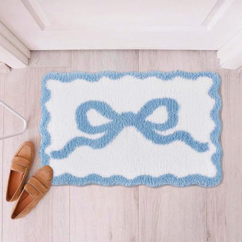 TW1TGOFT Bath Mat - 40x60cm Non-Slip Bath Mats Imitation Cashmere Washable Bathmat Absorbent Anti Slip Microfiber Bath Mat Small Bow Rug for Study/Kitchen/Bathroom/Entrance/Balcony (Blue Bow)