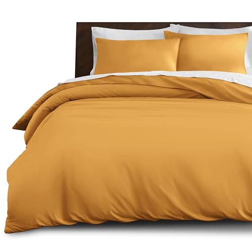 Imperial Rooms Single Duvet Cover Set Brushed Microfiber Plain Bedding Set – Button Closure Ultra Soft 2 PCs Quilt Cover with Pillow Case (135 x 200 Cm) - Ochre