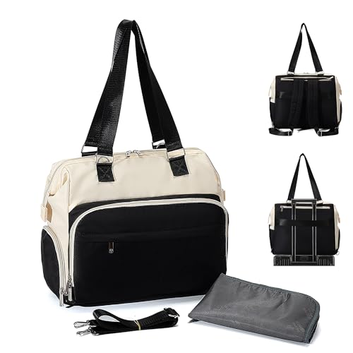 Fexkean 4 in 1 Diaper Bag Backpack,Travel Tote Converts into Backpack with Shoulder Straps,Diaper Bag Tote,Large Capacity Mommy Nappy Bag -Black&Beige