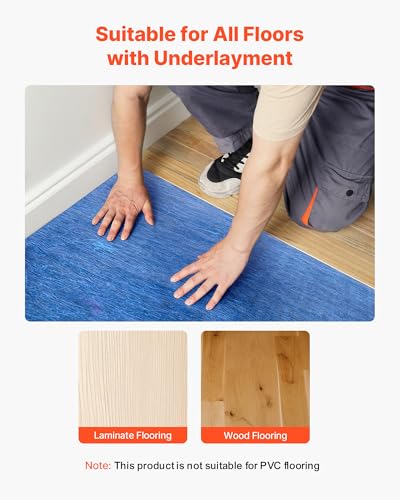 Image of VEVOR Floor Underlayment 200 sq. ft /Roll, 3 mm Thick Laminate Flooring Padding with Attached Vapor Barrier, Heavy Duty Fiber + PE Film, Soundproofing & Noise Reduction, Ideal for Laminate Wood