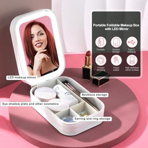 Image of APOPHIS Small Travel LED Makeup Mirror Case with 3 Adjustable Color Light Settings, Dust-Proof Jewelry Box, Mini Cosmetic Train Case Ideal for Short Trips, White, Cosmetic Bag with Led Mirror (Pink)