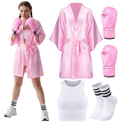 Maiteenly 5 Pcs Pink Boxing Costume for Women Halloween Satin Robe Set,M