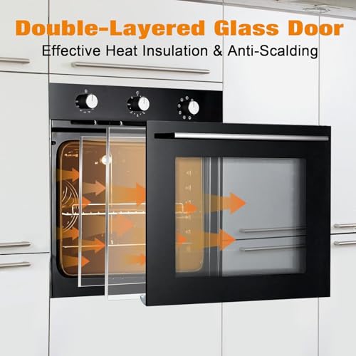 Single Wall Oven 24" Built-in Electric Ovens with 5 Cooking Modes, 3000W, 240V, 2.5Cu.f Convection Wall Oven in Stainless Steel with Bake Broil Rotisserie Functions - Air Frying Mode, Timer, Knobs