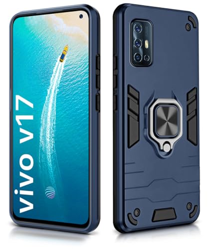 Image of WOW IMAGINE Shock Proof Back Case Mobile Cover for Vivo V17 (Armor | Hybrid PC + TPU | Full Protection with Ring Holder Kickstand | Carbon Blue)