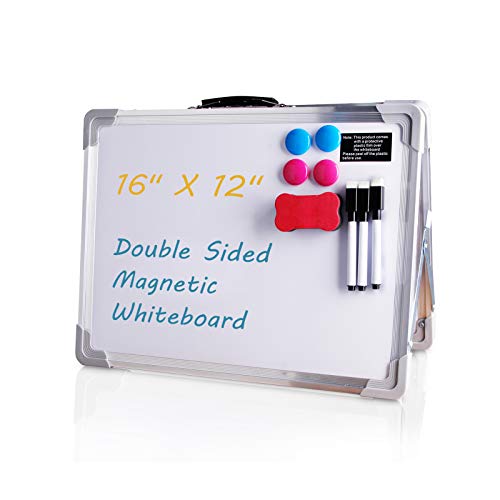 Small Dry Erase White Board 16 x 12 inches, Magnetic Desktop Foldable Whiteboard Portable Mini Easel Double Sided on Table Top with Holder for Kids Drawing, Teacher Instruction, Memo Board