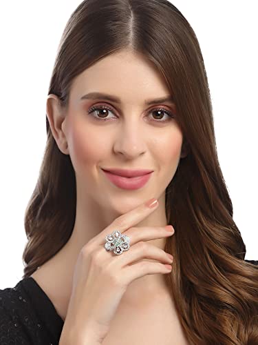 Image of Karatcart Platinum Plated Elegant Austrian Crystal Adjustable Leaf Ring for Women and Girls
