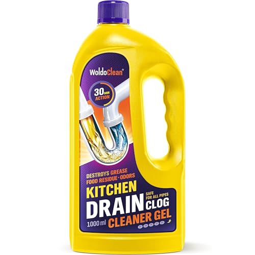 WoldoClean Gel Desatascador Cocina 1000ml - extremadamente potente contra cabellos & grasas, desatascador para cocina & baño, para ducha, lavabo & bañera, penetra el agua estancada