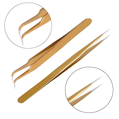 Straight & Curved Tweezers 2 Pieces Eyelash Extension Tweezers Set Stainless Steel Tweezers Lash Extension Tweezers Eye Makeup Tools (Gold) #TOP6