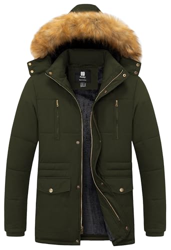 Pursky Men's Winter Cotton Military Coat Fleece Lined Warm Work Jacket Thicken Parka with Removable Faux Fur Hood
