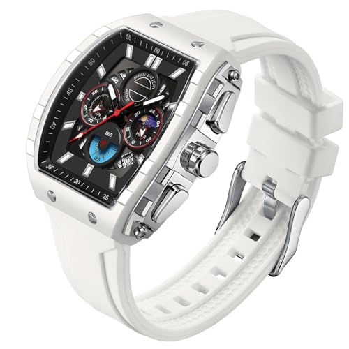 findtime Herrenuhr, Chronograph, analog, Sport, wasserdicht, Lauf-Stoppuhr, Tonneau-Uhren für Herren, leuchtende Mondphasenanzeige, Quarzuhr, weiß, Armband