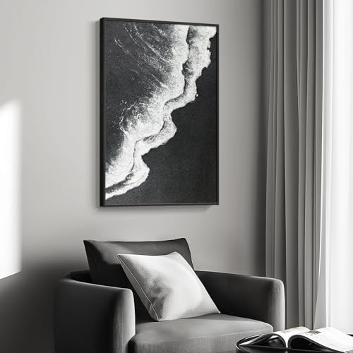 Framed Black and White Abstract Beach Canvas Wall Art, Modern Minimalist Art Prints Paintings Artwork for Walls, Ocean Wave Pictures for Living Room Dining Room Bedroom Bathroom Wall Decor 24x36 In - Image 2