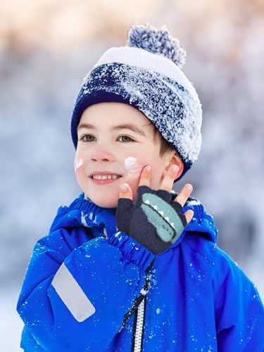 SATINIOR 2 Pairs Winter Kids Fingerless Gloves Toddler Finger Mittens Knit Convertible Half Finger Mitten Flap Aged 3-10(Navy Blue, Dark Grey,Crocodile)3