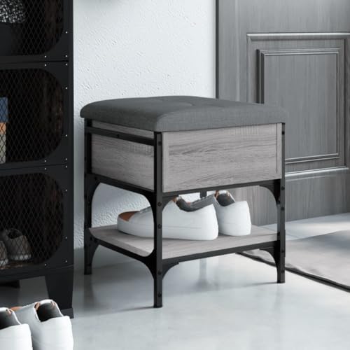 Kaloriko Zapatero Sonoma gris de madera con marco de metal, 42 x 42 x 45 cm, cojín acolchado, espacio para pasillo y pasillo, banco de almacenamiento con zapatero, orden en la entrada
